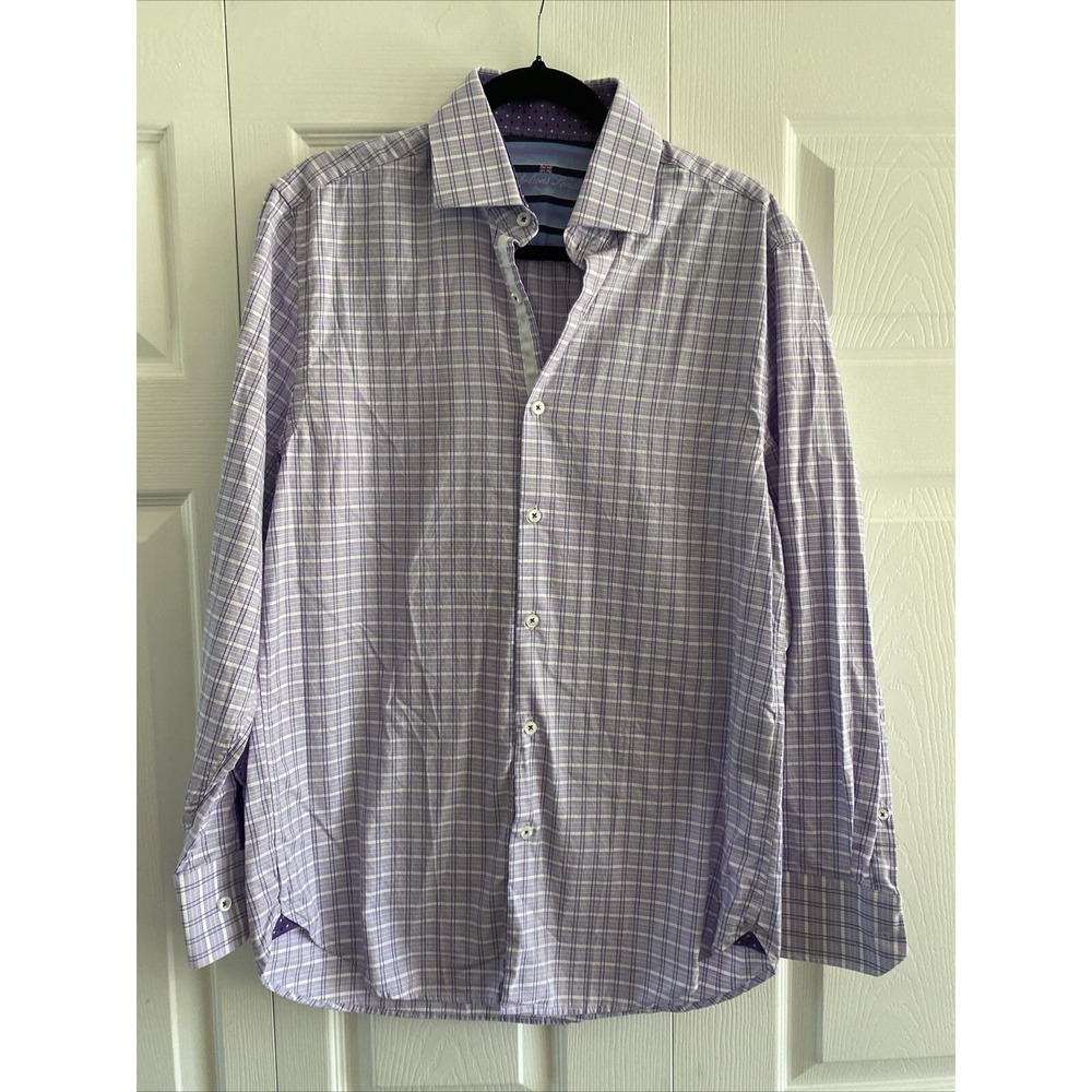 Michelsons London Plaid Button Down Mens Size L Purple White Cotton Business L